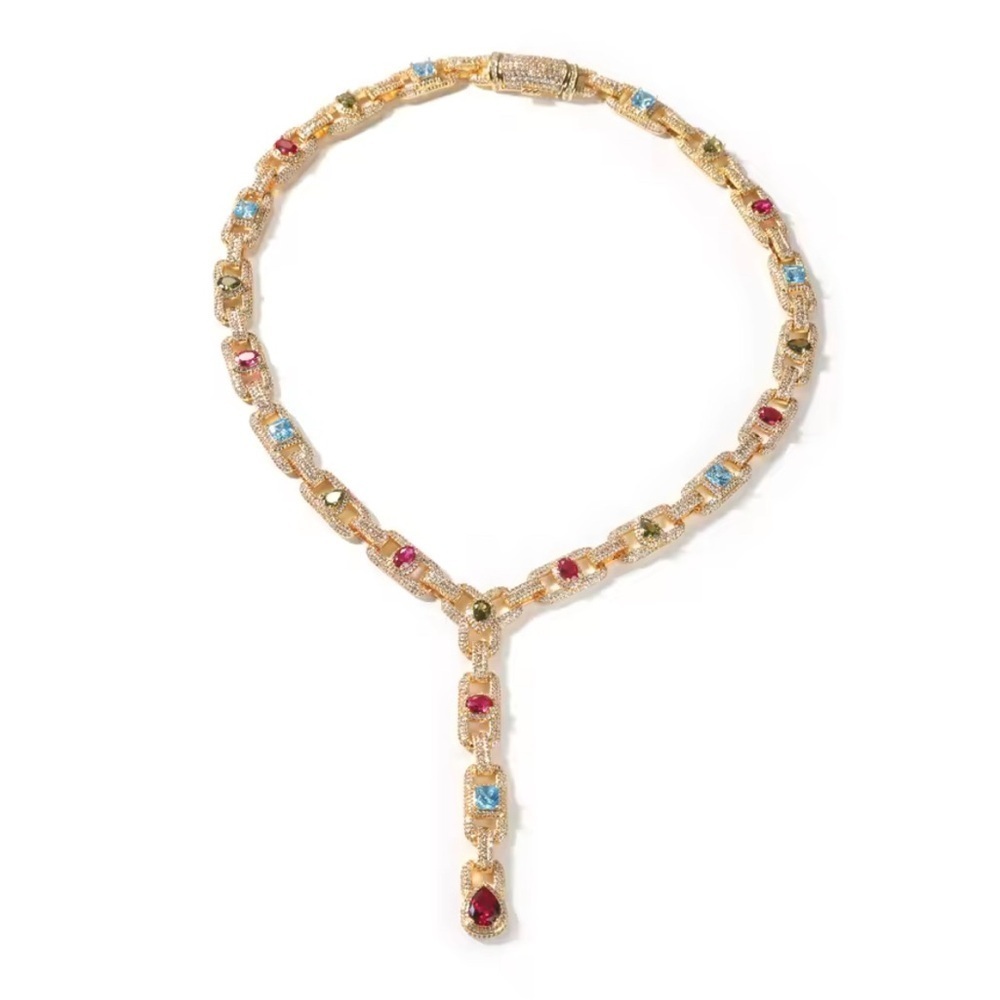 Gold Necklace with Red and Blue Accents 17inch